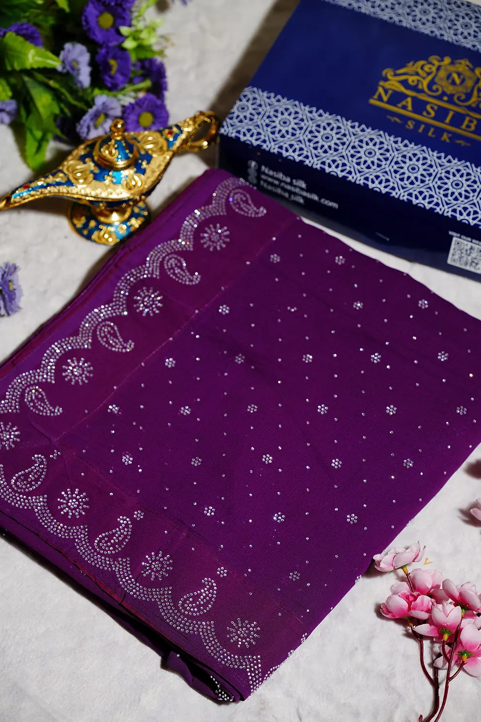 Wine Purple Silk Blend Saree with premium Embroidery Glass Stone
